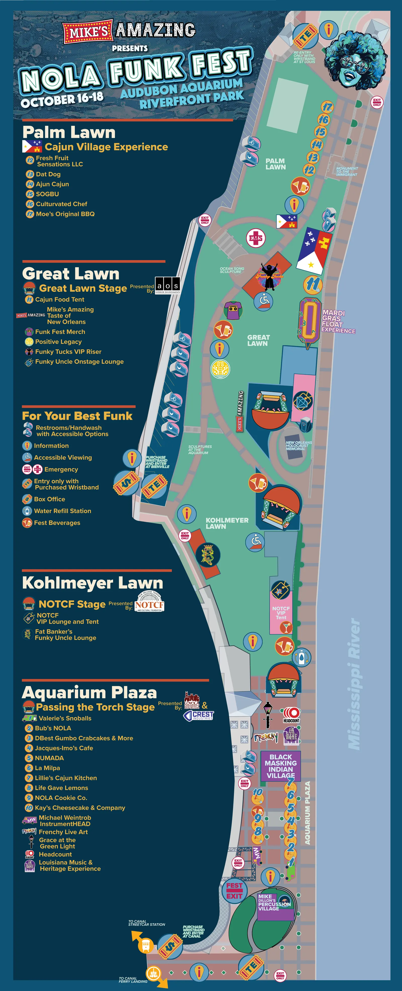 NOLA Funk Fest 2026 site map: Aquarium Plaza, Kohlmeyer Lawn, Great Lawn and Palm Lawn along the Mississippi River